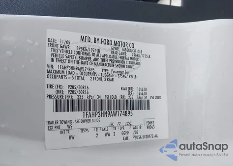 2010 Ford Focus Sel из США, поврежденный, VIN 1FAHP3HN9AW174895